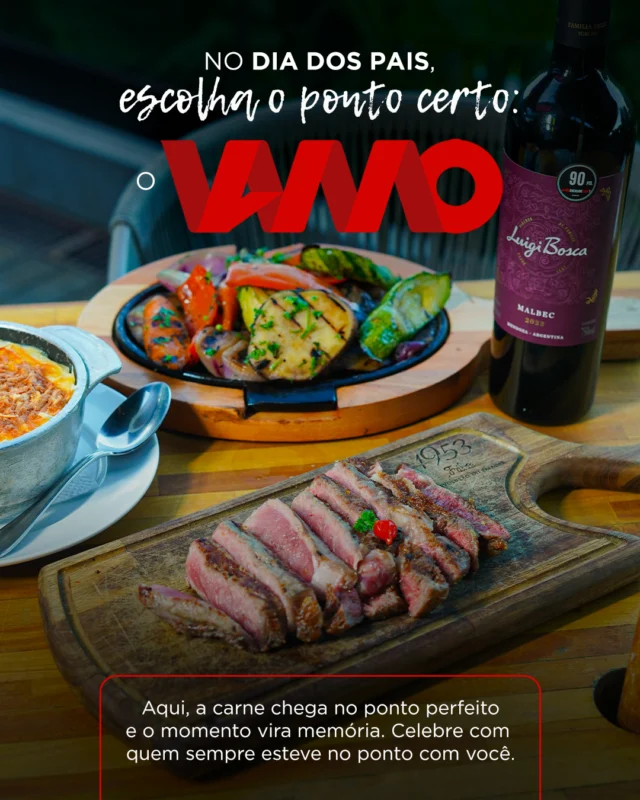 Neste Dia dos Pais, leve seu pai para o ponto certo da felicidade. 🥩🍷 No Vamo, ele vai saborear os melhores cortes, brindar com um bom vinho e curtir acompanhamentos que completam a experiência. Porque momentos ao redor da mesa são o verdadeiro presente. 📍 Abelardo Bueno, 800 📍 Bossa Nova Mall (@bossanovamall) 📍 Downtown (@downtownrj) 📍 Lagoa #VAMO #VamoSteakBar